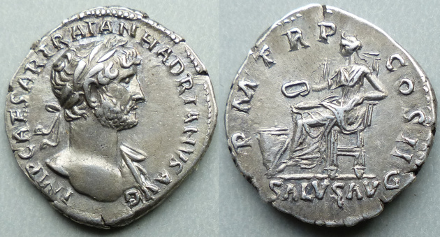 Hadrian, denarius Salus seated